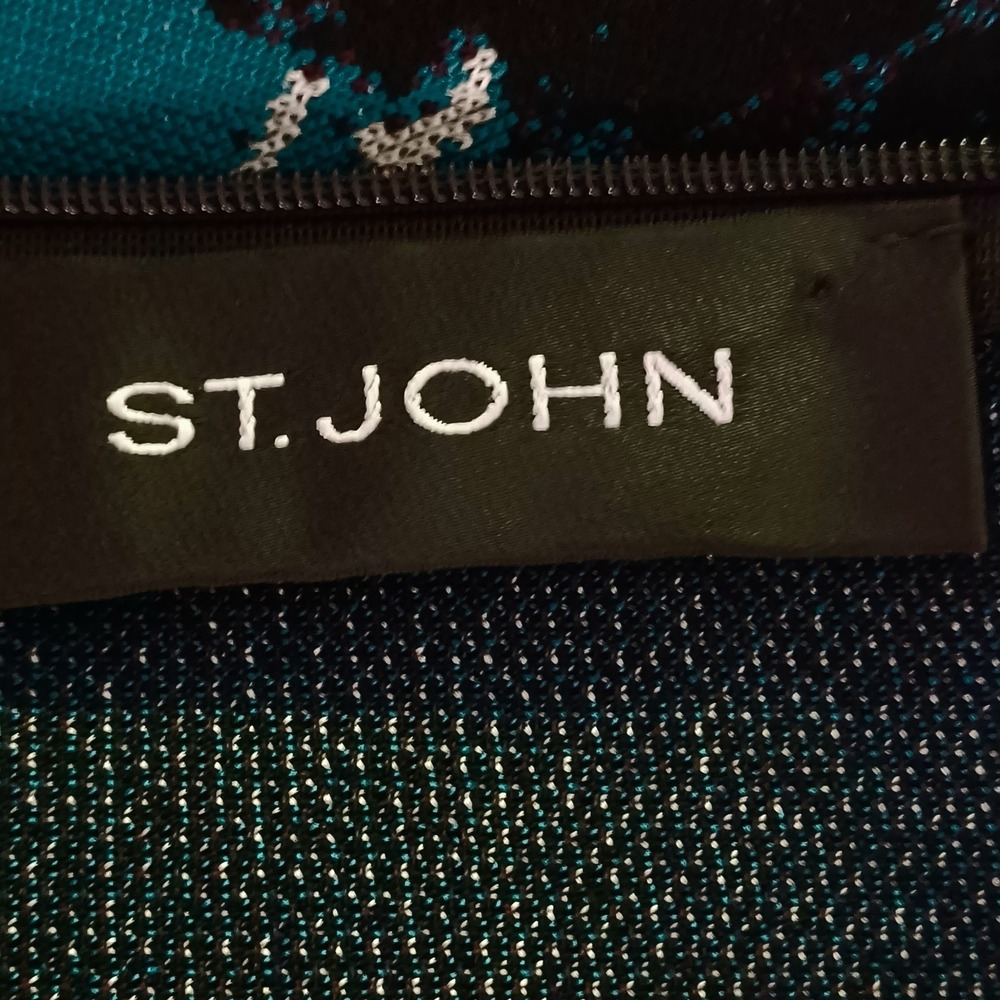 St. John Black Knit Sheath Dress Abstract Floral Intarsia Short Sleeve Size 6 - Picture 8 of 12